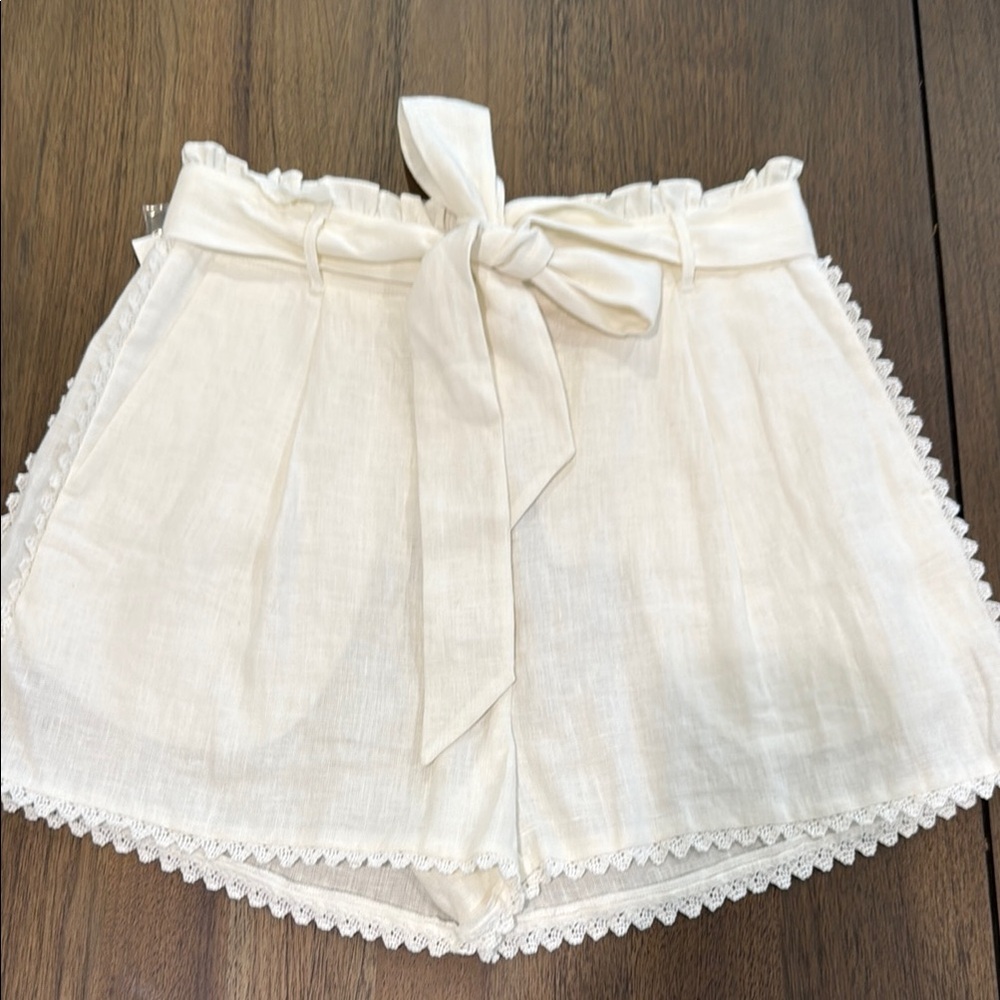 LoveShackFancy Cream High Waist Lace Trim Shorts
